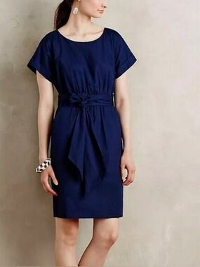 Anthropologie HD in Paris Size 10P Poplin Sheath Dress W/Pockets & Tie Belt Navy